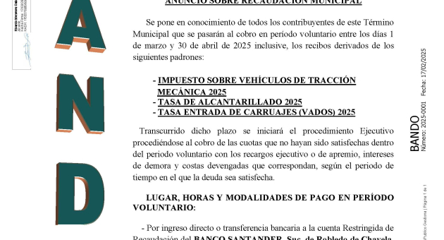 Bando: anuncio sobre recaudación municipal